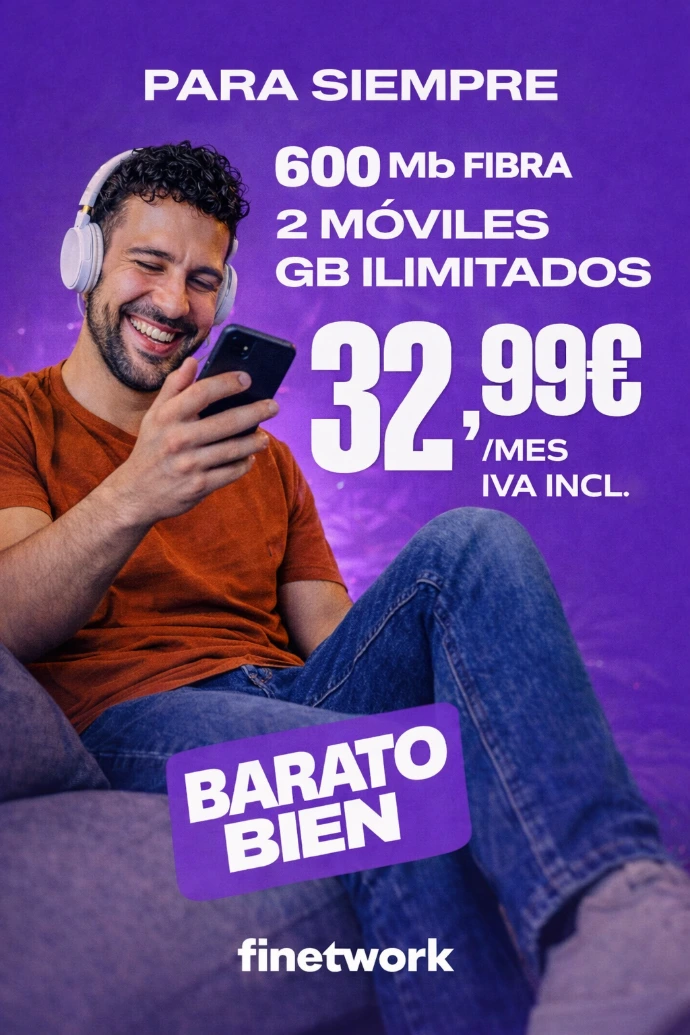 Oferta Finetwork con fibra 600 Mb y dos líneas móviles de gigas ilimitados por 32,99 € al mes IVA incluido, para siempre.
