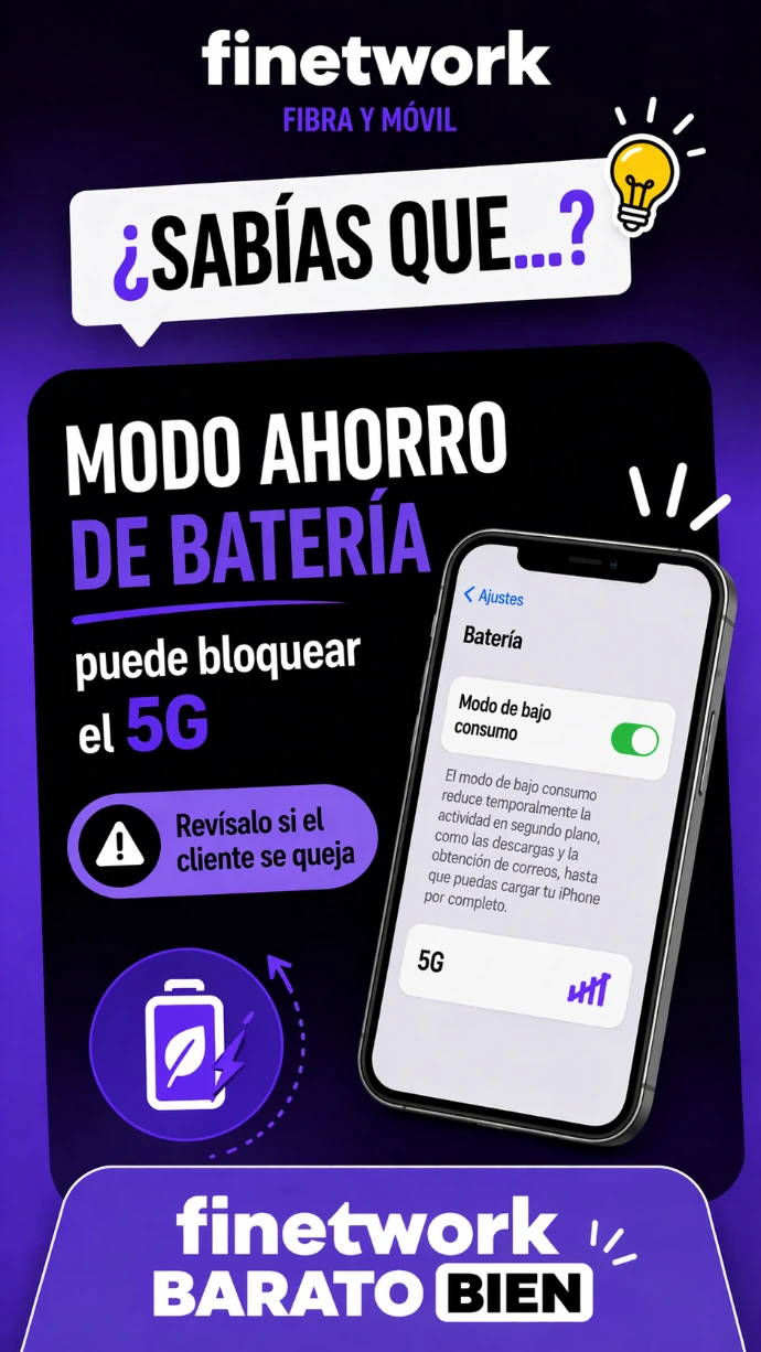 Finetwork que avisa de que el modo ahorro de batería del móvil puede bloquear el 5G.