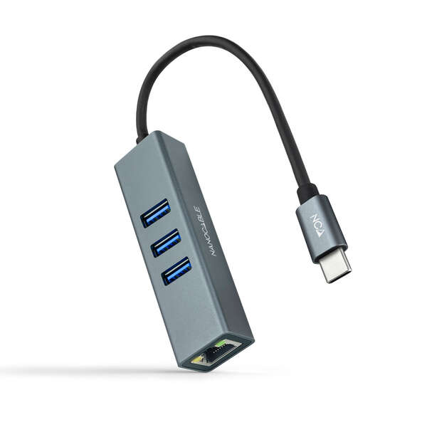 [10.03.0408] Nanocable Adaptador de Red USB-C a Ethernet Gigabit 10/100/1000 Mbps + 3 Puertos USB 3.0