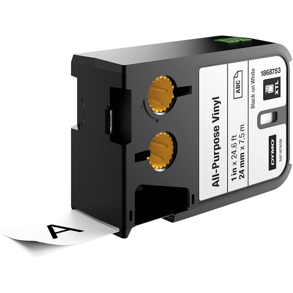 Dymo XTL Cinta Vinilo Original para Rotuladora - Texto Negro sobre Fondo Blanco - Ancho 24mm x 7.5m