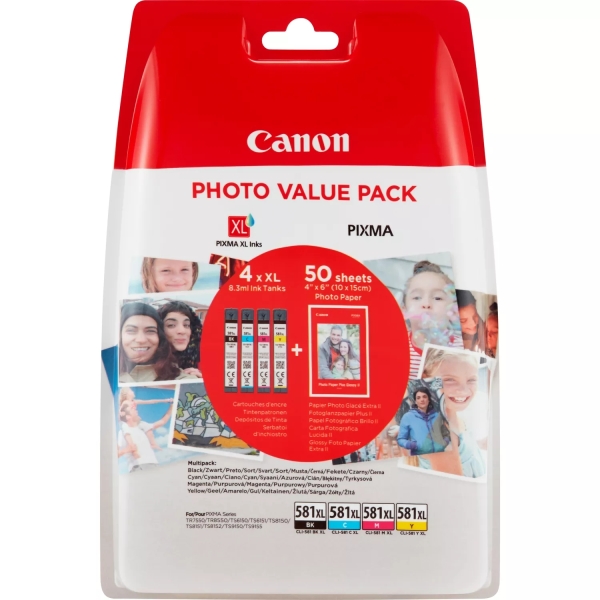 Canon CLI581XL Pack de 4 Cartuchos de Tinta Originales - 50 Hojas de Papel Fotografico - 2052C004/20