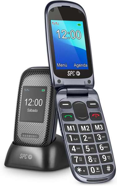 [2304N] SPC Telefono Movil para Mayores con Botones Grandes - Tapa y Botones Retroiluminados - Boton SOS y Botones de Marcacion Directa - Control Remoto Mediante SMS - Doble Pantalla, Base de Carga y Conectividad - Color Negro