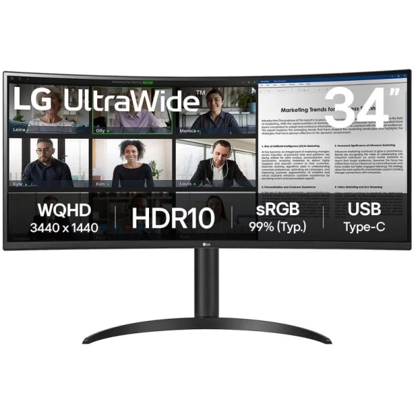 [34WR55QK-B] LG Ultrawide Monitor 34" Curvo LED VA WQHD 100Hz - Respuesta 5ms - Angulo de Vision 178º - Ajustable