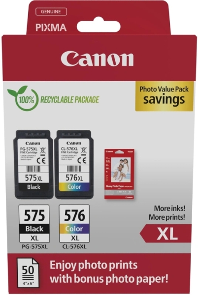 Canon PG575XL/CL576XL Multipack de 2 Cartuchos de Tinta Originales + 50 Hojas de Papel Fotografico -