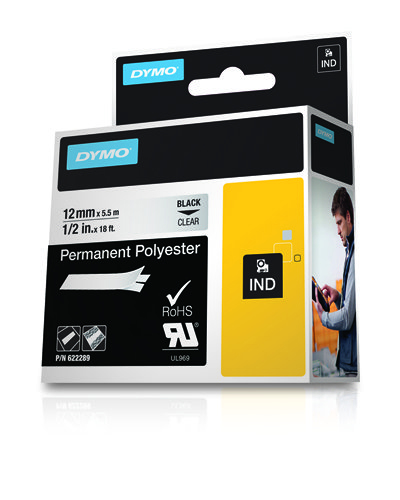 [622289] Dymo Rhino ID1-12 Cinta de Etiquetas Original para Rotuladora - Texto Negro sobre Fondo Transparente