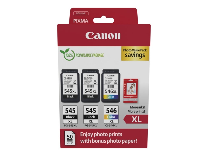 Canon PG545XL Negro + CL546XL Color Pack de 3 Cartuchos de Tinta Originales + 50 Hojas de Papel Foto
