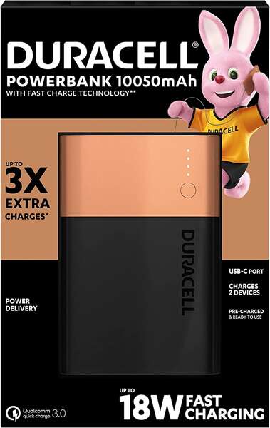 Duracell Bateria Externa/Power Bank 10050mAh PD 18W y QC 3.0 - 1x USB-A, 1x USB-C - Indicadores Led
