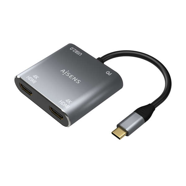 Aisens Conversor USB-C a 2xHDMI 4K SST MST/USB2.0/USB-C PD 60W - USB-C/M-2xHDMI/H-USB-A/H-USB-C/H -