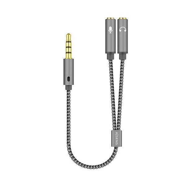[A128-0415] Aisens Cable Adaptador Audio JACK 3.5 4 Pines/M-2xJACK 3.5 3 Pines/H - 25cm - Color Gris