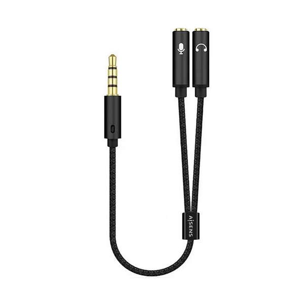 [A128-0416] Aisens Cable Adaptador Audio JACK 3.5 4 Pines/M-2xJACK 3.5 3 Pines/H - 25cm - Color Negro