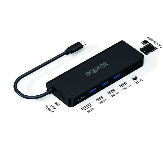 [APPC53] Approx 8 en 1 Hub USB-C con 3x USB-A 3.0 - 1x HDMI - 1x RJ-45 - 1x USB-C PD - Lector microSD y Lecto