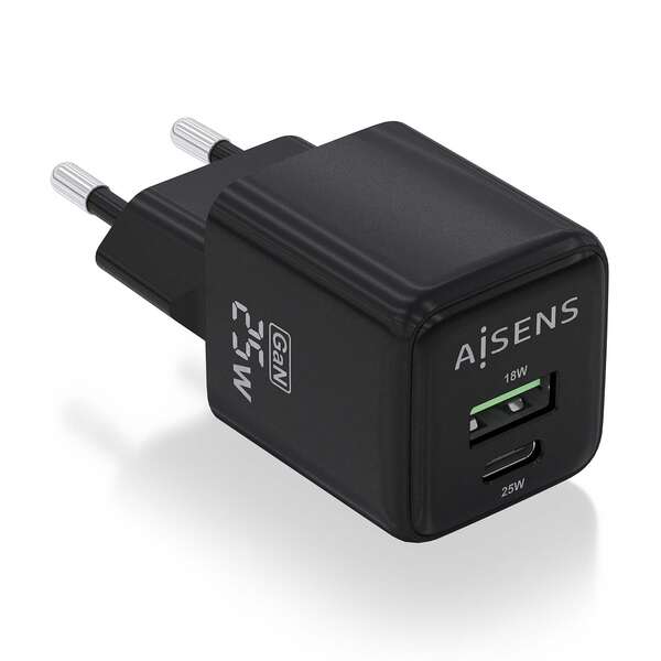 [ASCH-25W2P015-BK] Aisens Cargador Gan 25W - 1xUSB-C PD3.0 QC4.0 - 1xUSB-A QC3.0 - Color Negro