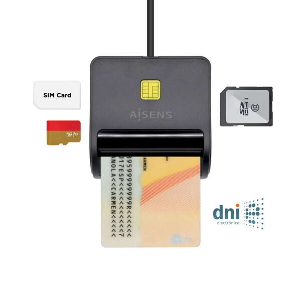 Aisens Lector de Tarjeta Inteligente DNI con Lector de Tarjetas SIM - SD - Micro SD - MMC - RS-MMC -