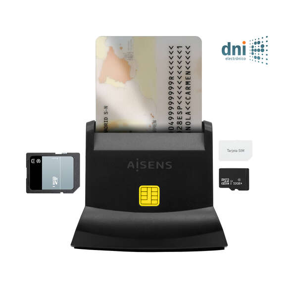 Aisens Lector de Tarjeta Inteligente DNI USB-C con Lector de Tarjetas SIM, SD, Micro SD, MMC, RS-MMC