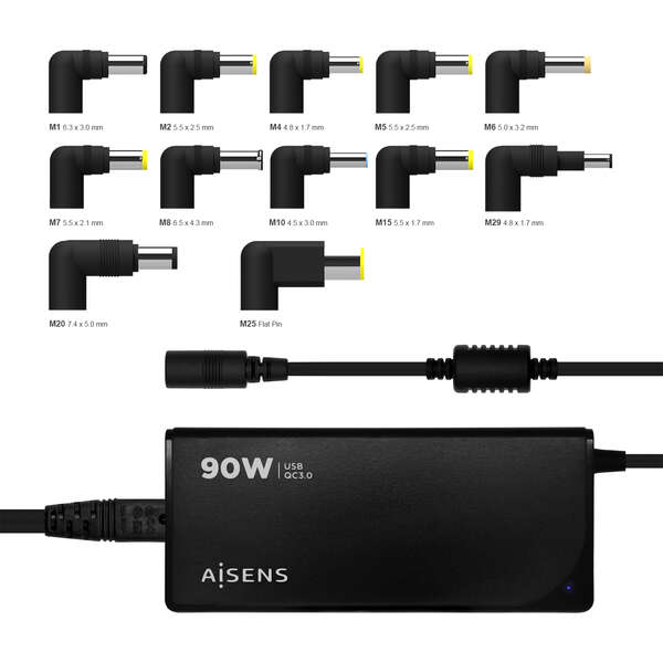 Aisens Cargador 90W Automatico Universal Multitension para Portatil con 12 Conectores + USB-A QC.3.0
