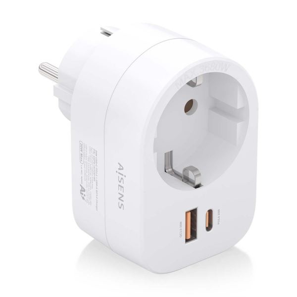 [ASPS-1A1C06-W] Aisens Regleta de Pared Multifuncion con 1 Toma + 1xUSB-C 20W PD3.0 - 1xUSB-A 20W QC3.0 - Color Blan