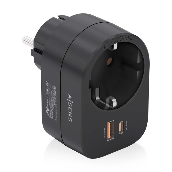 [ASPS-1A1C07-BK] Aisens Regleta de Pared Multifuncion con 1 Toma + 1xUSB-C 20W PD3.0 - 1xUSB-A 20W QC3.0 - Color Negr