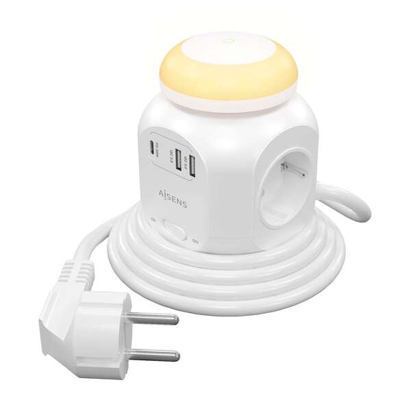 Aisens Regleta de Enchufes Sobremesa Multifuncion con 4 Tomas + 1xUSB-C 20W PD3.0 - 2xUSB-A 18W QC3.
