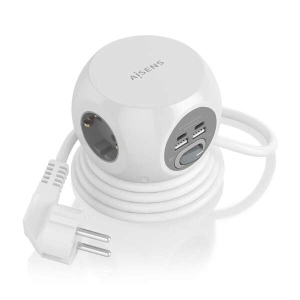 [ASPS-2A2C04-W] Aisens Regleta de Enchufes Sobremesa Multifuncion con 3 Tomas + 2xUSB-C - 2xUSB-A - 1.4m - Color Bla
