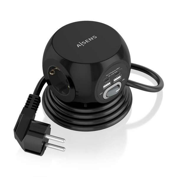 [ASPS-2A2C05-BK] Aisens Regleta de Enchufes Sobremesa Multifuncion con 3 Tomas + 2xUSB-C - 2xUSB-A - 1.4m - Color Neg