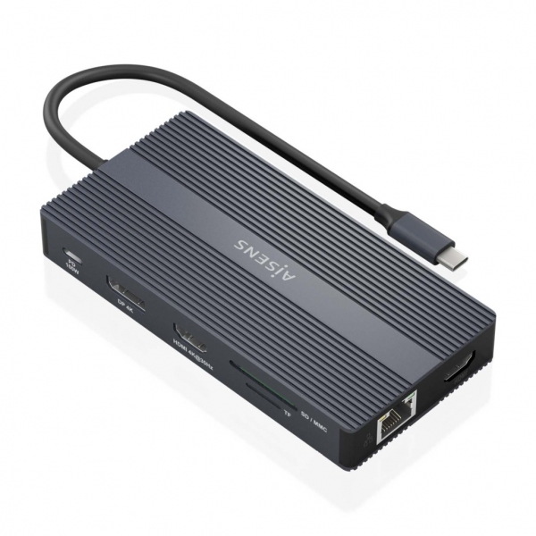 [ASUC-12P017-GR] Aisens Conversor USB-C 12 en 1 - Carcasa de Aluminio - Ligero y Portatil - Conexion a 3 Pantallas -