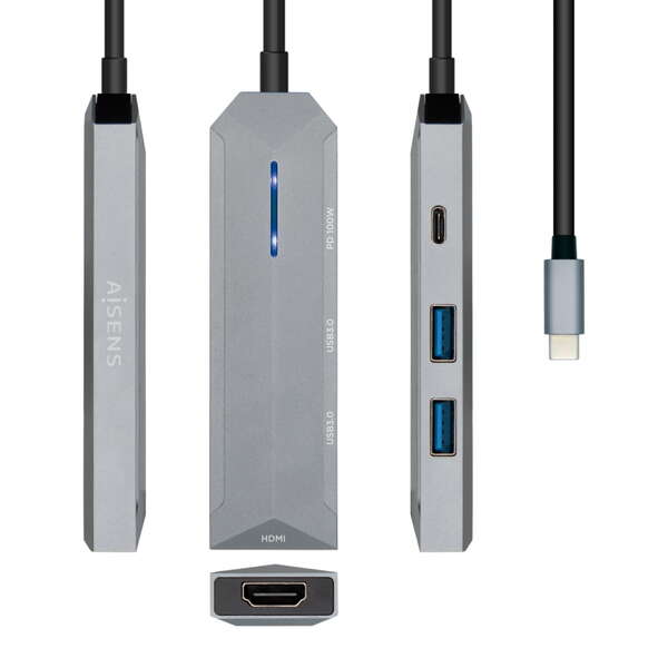 [ASUC-4P002-GR] Aisens USB-C Dock 4 en 1 - USB-C a 1xHDMI - 2xUSB - 1xPD - 15cm - Color Gris