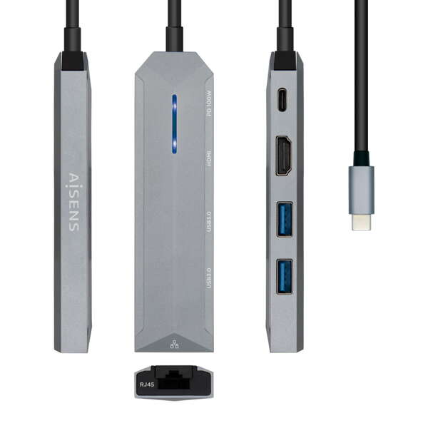 [ASUC-5P003-GR] Aisens USB-C Dock 5 en 1 - USB-C a 1xHDMI - 1xRJ45 - 2xUSB - 1xPD - 15cm - Color Gris