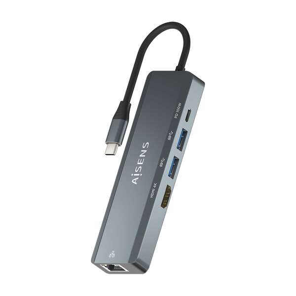 [ASUC-5P011-GR] Aisens USB-C Dock 5 en 1 - USB-C a 1xHDMI - 1xRJ45 - 2xUSB - 1xpd - 15cm - Color Gris