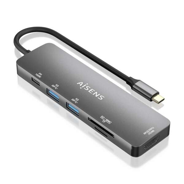 [ASUC-6P016-GR] Aisens USB-C Dock 6 en 1 - USB-C a 1xHDMI - 2xUSB-A - 1xUSB-C PD 100W - 1xSD - 1xMicro SD - 15cm