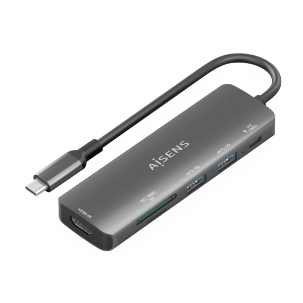 [ASUC-6P023-GR] Aisens USB-C Dock 6 en 1 - USB-C a 1xHDMI - 2xUSB-A - 1xUSB-C PD 100W - 1xSD - 1xMicroSD - 15cm - Co