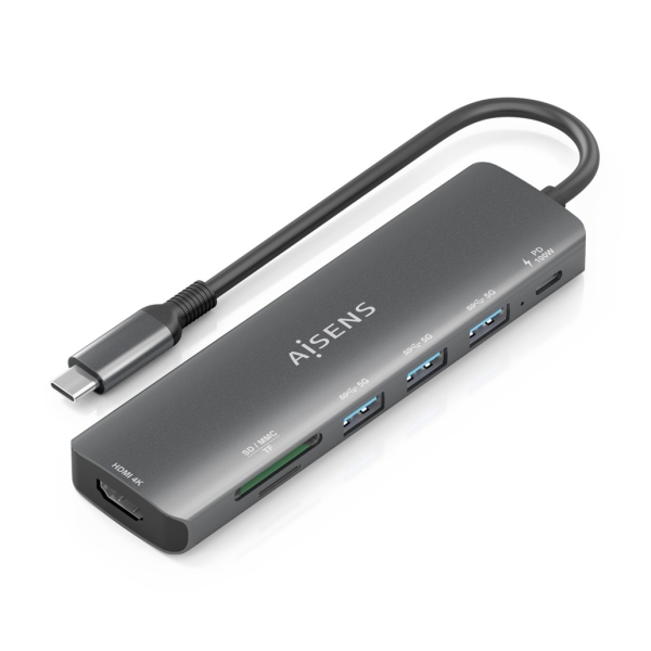 [ASUC-7P025-GR] Aisens USB-C Dock 7 en 1 - USB-C a 1xHDMI - 3xUSB-A - 1xUSB-C 100W - 1xSD - 1xMicroSD - 15cm - Color