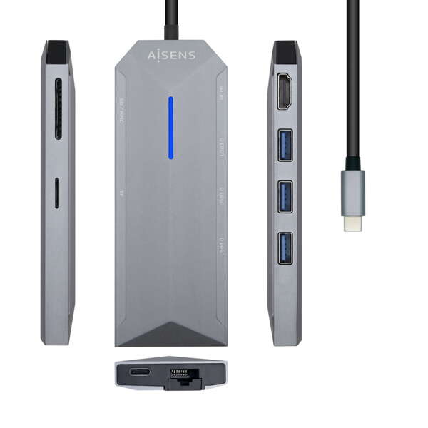 [ASUC-8P004-GR] Aisens USB-C Dock 8 en 1 - USB-C a 1xHDMI - 1xRJ45 - 3xUSB - 1xPD - 1xSD - 1xMICRO SD - 15cm - Color