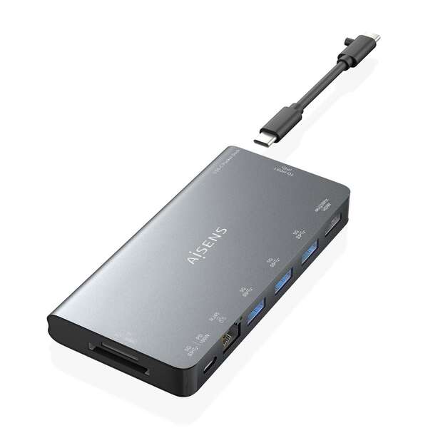 [ASUC-8P015-GR] Aisens USB-C Dock 8 en 1 - USB-C a 1xHDMI - 1xRJ45 - 3xUSB-A - 1xUSB-C Datos+PD - 1xSD - 1xMicro SD