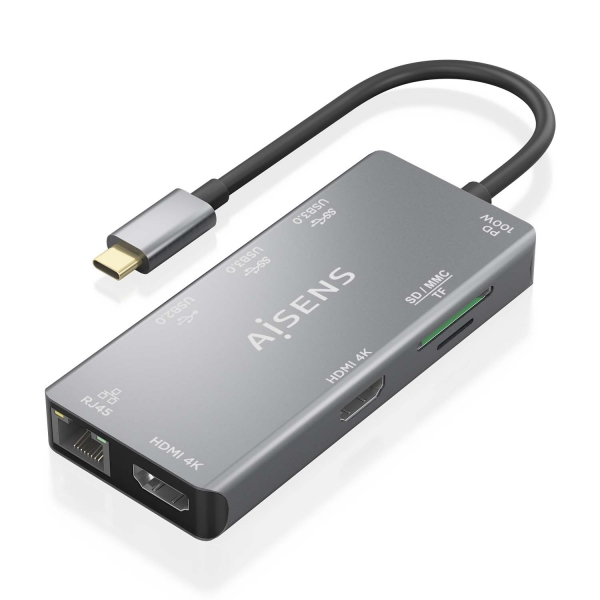[ASUC-9P018-GR] Aisens USB-C Dock 9 en 1 - USB-C a 2xHDMI - 1xRJ45 - 2xUSB-A USB3.0 - 1xUSB-A USB2.0 - 1xUSB-C PD -