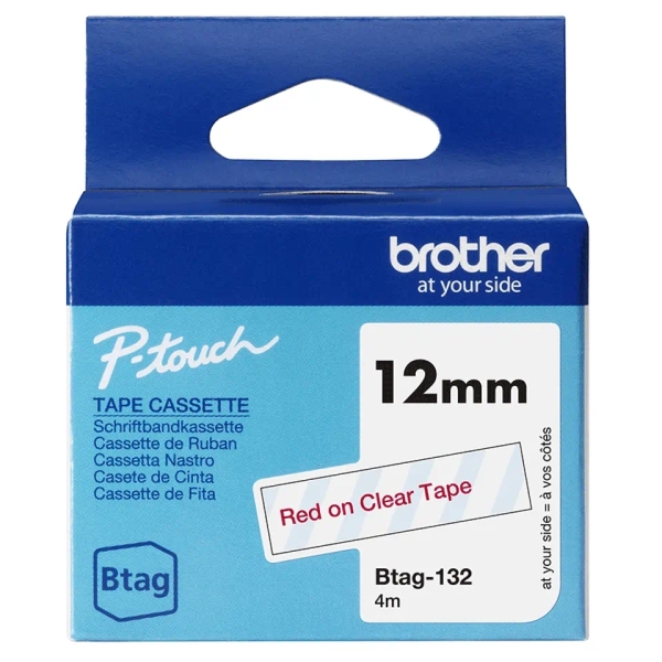 Brother Btag-132 Cinta 12mm - Texto Rojo sobre Fondo Transparente - Medidas 12mmx4 Metros - Apta par