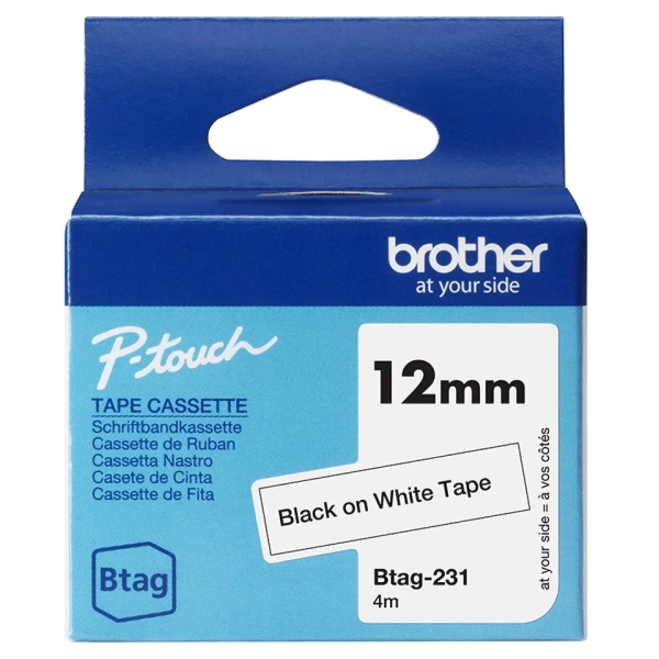 Brother Btag-231 Cinta 12mm - Texto Negro sobre Fondo Blanco - Medidas 12mmx4 Metros - Apta para PTN