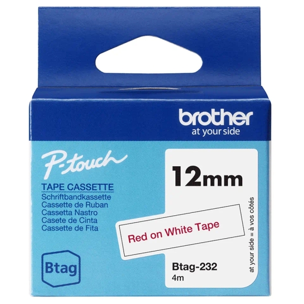 Brother Btag-232 Cinta 12mm - Texto Rojo sobre Fondo Blanco - Medidas 12mmx4 Metros - Apta para PTN1