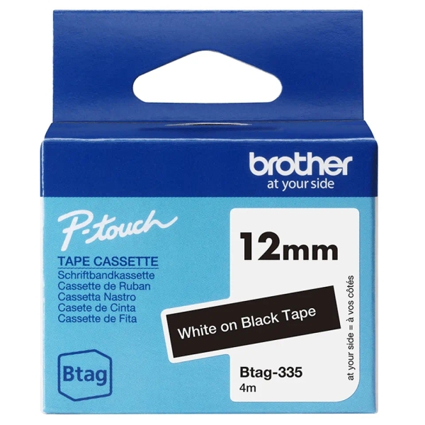 Brother Btag-335 Cinta 12mm - Texto Blanco sobre Fondo Negro - Medidas 12mmx4 Metros - Apta para PTN
