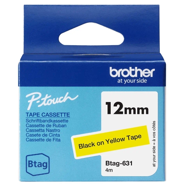 Brother Btag-631 Cinta 12mm - Texto Negro sobre Fondo Amarillo - Medidas 12mmx4 Metros - Apta para P