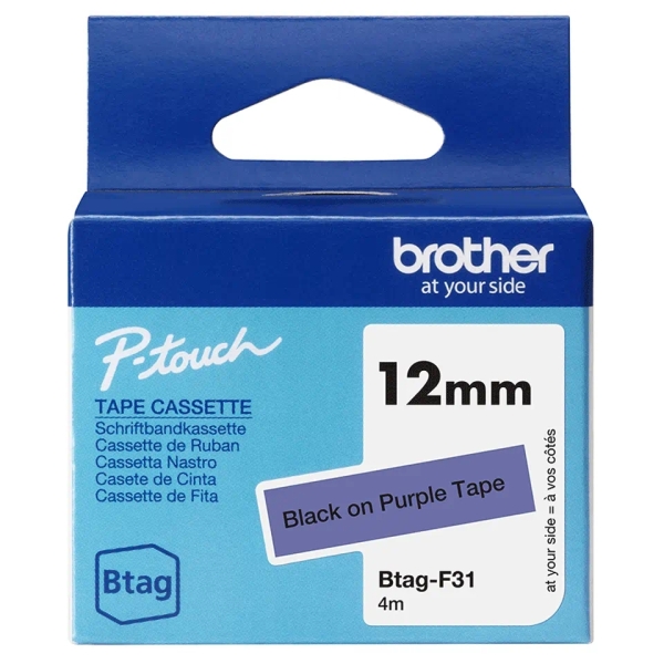 Brother Btag-F31 Cinta 12mm - Texto Negro sobre Fondo Morado - Medidas 12mmx4 Metros - Apta para PTN
