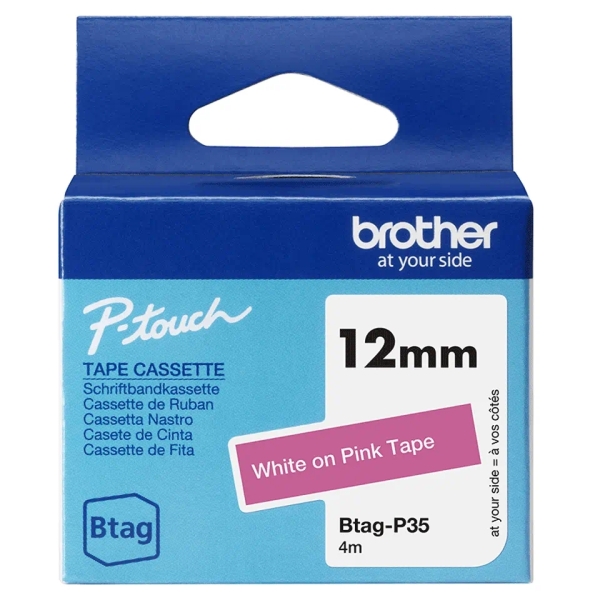 Brother Btag-P35 Cinta 12mm - Texto Blanco sobre Fondo Rosa - Medidas 12mmx4 Metros - Apta para PTN1