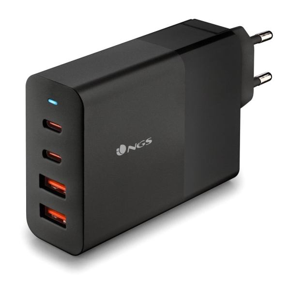 NGS Bud 100W Cargador GaN Universal de Pared 100W Ultrarapido - 2x USB-C PD & PPS, 2x USB-A QC 3.0 -