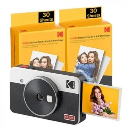 [C210RW60] Kodak Mini Shot 2 Retro Pack de Camara Digital Instantanea Bluetooth + 60 Hojas de Papel Fotografico 5.3x8.6cm - Pantalla LCD 1.7" - Flash Integrado - Espejo para Selfies - Color Blanco/Negro