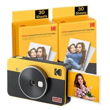 [C210RY60] Kodak Mini Shot 2 Retro Pack de Camara Digital Instantanea Bluetooth + 60 Hojas de Papel Fotografico 5.3x8.6cm - Pantalla LCD 1.7" - Flash Integrado - Espejo para Selfies - Color Amarillo/Negro