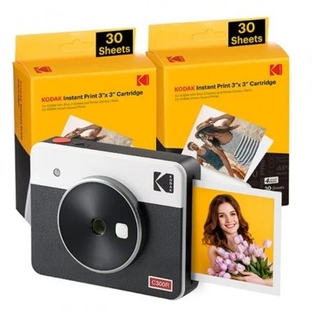[C300RW60] Kodak Mini Shot 3 Retro Pack de Camara Digital Instantanea Bluetooth + 60 Hojas de Papel Fotografico 7.62x7.62cm - Pantalla LCD 1.7" - Flash Integrado - Espejo para Selfies - Color Blanco/Negro