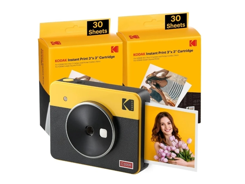 [C300RY60] Kodak Mini Shot 3 Retro Pack de Camara Digital Instantanea Bluetooth + 60 Hojas de Papel Fotografico 7.62x7.62cm - Pantalla LCD 1.7" - Flash Integrado - Espejo para Selfies - Color Amarillo/Negro