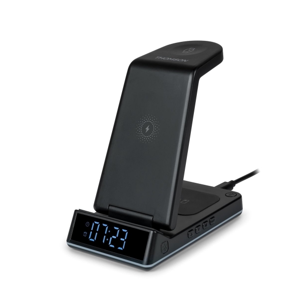 Thomson Reloj Despertador con Estacion de Carga Inalambrica para Smartphone, iWatch y Auriculares -