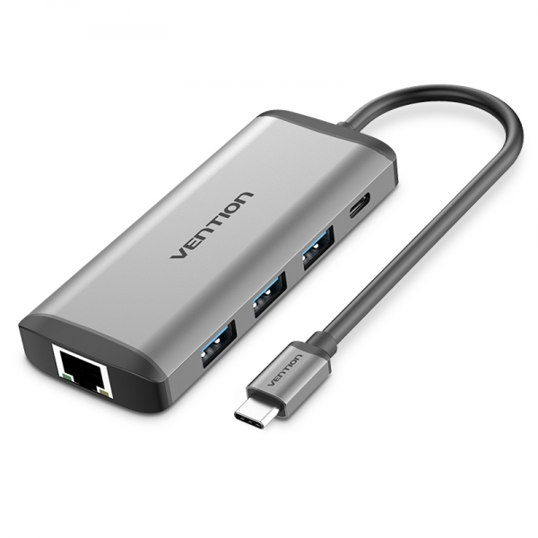 [CNDHB] Vention Docking Station 7 en 1 USB-C a HDMI 4K/3xUSB3.0/RJ45/Lector SD/TF/PD87W - 0.15m - Color Gris