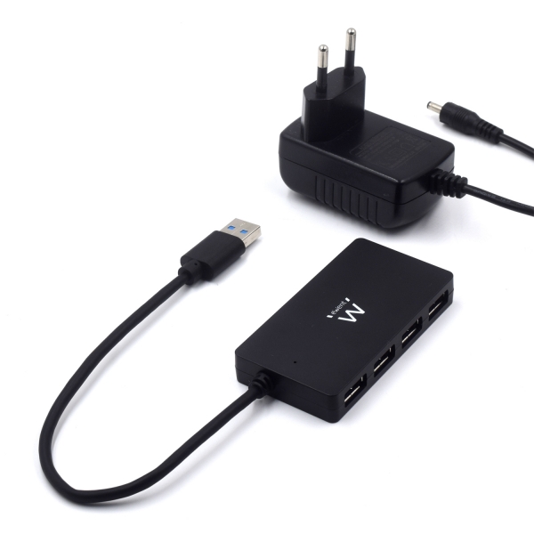 [EW1134] Ewent Hub USB 4 en 1 - Alimentacion Externa - USB 3.2 Gen1 - Cable de 52.5cm - Color Negro