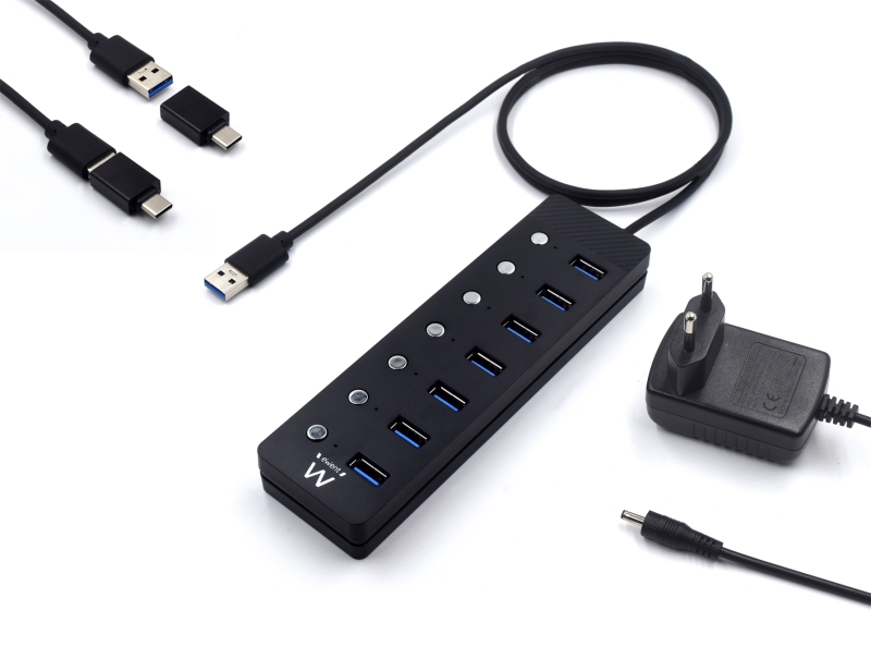 [EW1147] Ewent Hub USB 7 en 1 - Alimentacion Externa - Interruptores Individuales - Incluye Adaptador USB-C -